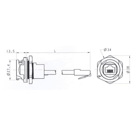 RJ45 IP67 socket with 30cm Ethernet lead